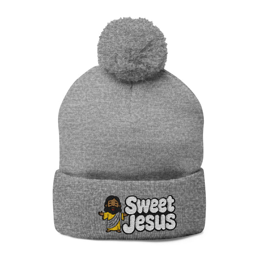 Sweet Jesus Pom-Pom Knit Cap — Embroidered Christian Beanie