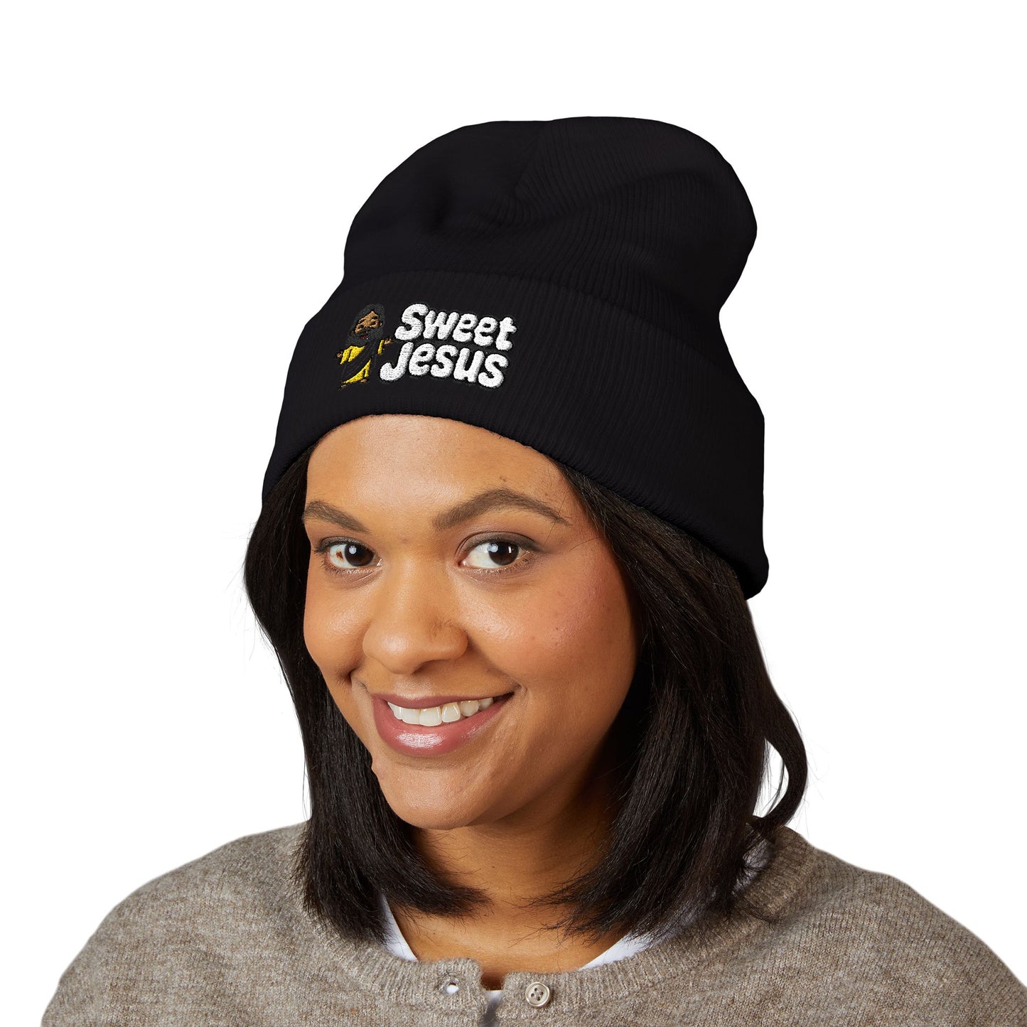 Sweet Jesus Embroidered Beanie — Religious Cuffed Knit Hat