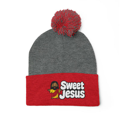Sweet Jesus Pom-Pom Knit Cap — Embroidered Christian Beanie