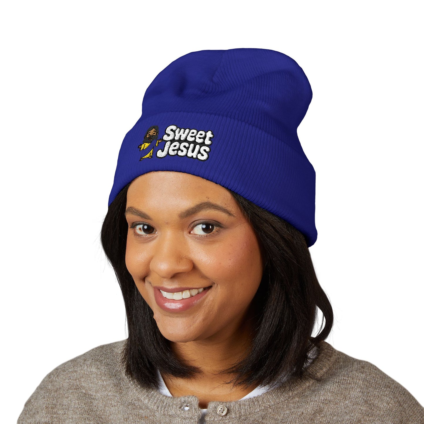 Sweet Jesus Embroidered Beanie — Religious Cuffed Knit Hat
