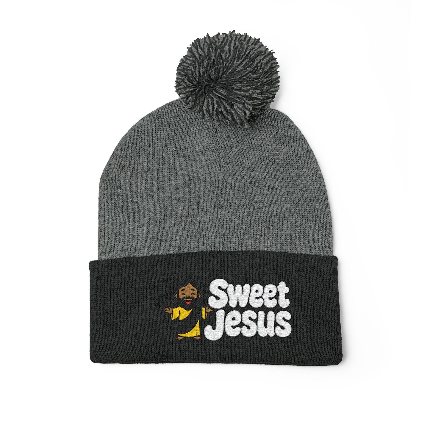 Sweet Jesus Pom-Pom Knit Cap — Embroidered Christian Beanie