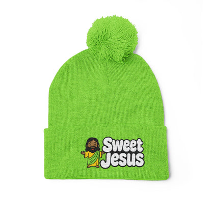 Sweet Jesus Pom-Pom Knit Cap — Embroidered Christian Beanie