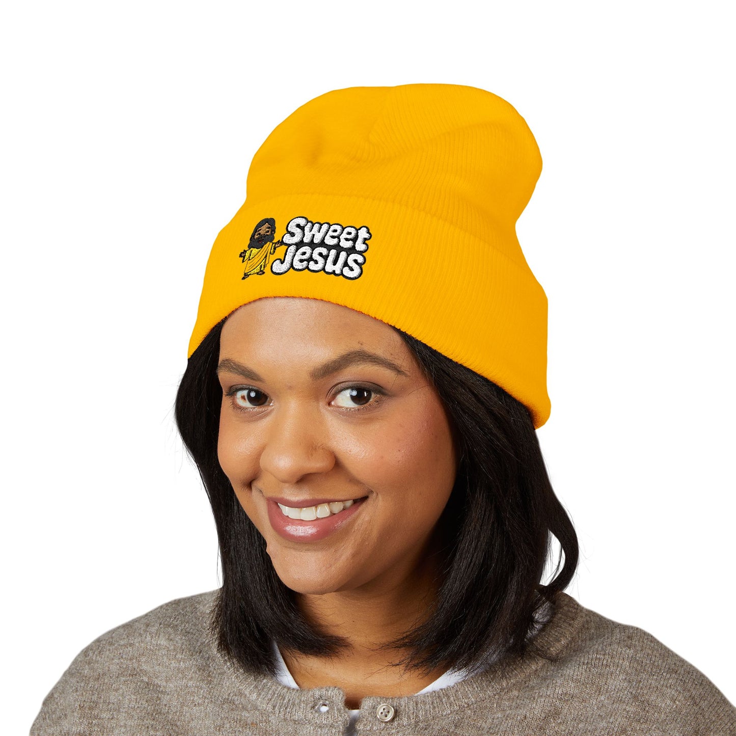 Sweet Jesus Embroidered Beanie — Religious Cuffed Knit Hat