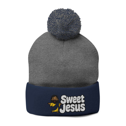 Sweet Jesus Pom-Pom Knit Cap — Embroidered Christian Beanie