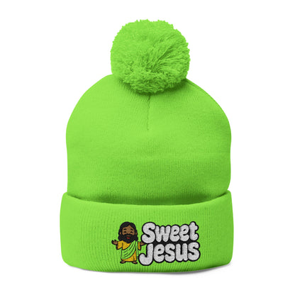 Sweet Jesus Pom-Pom Knit Cap — Embroidered Christian Beanie
