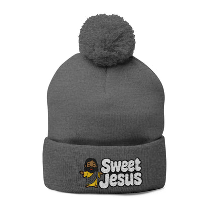 Sweet Jesus Pom-Pom Knit Cap — Embroidered Christian Beanie