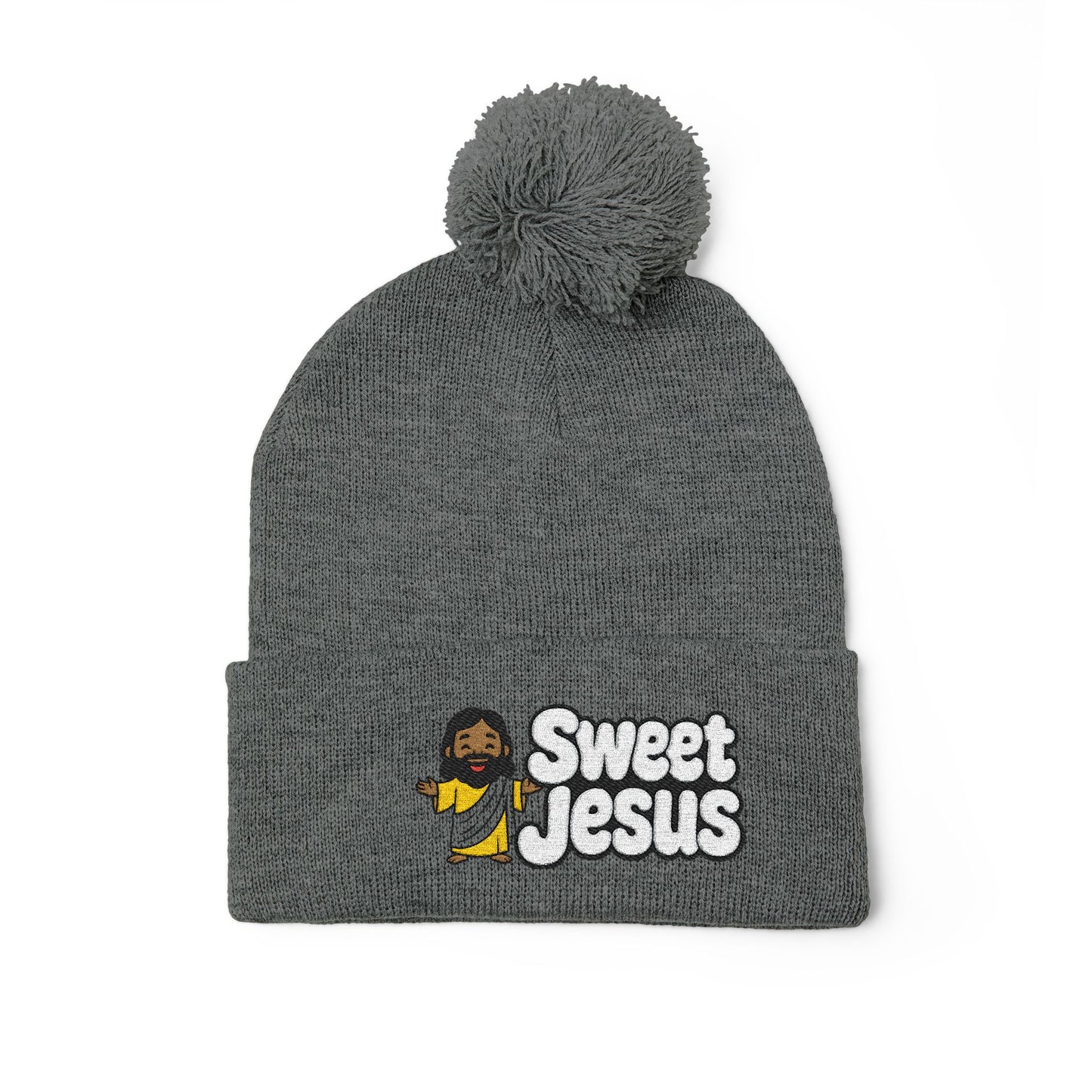Sweet Jesus Pom-Pom Knit Cap — Embroidered Christian Beanie
