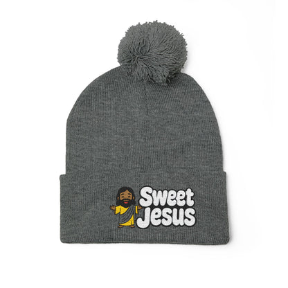 Sweet Jesus Pom-Pom Knit Cap — Embroidered Christian Beanie