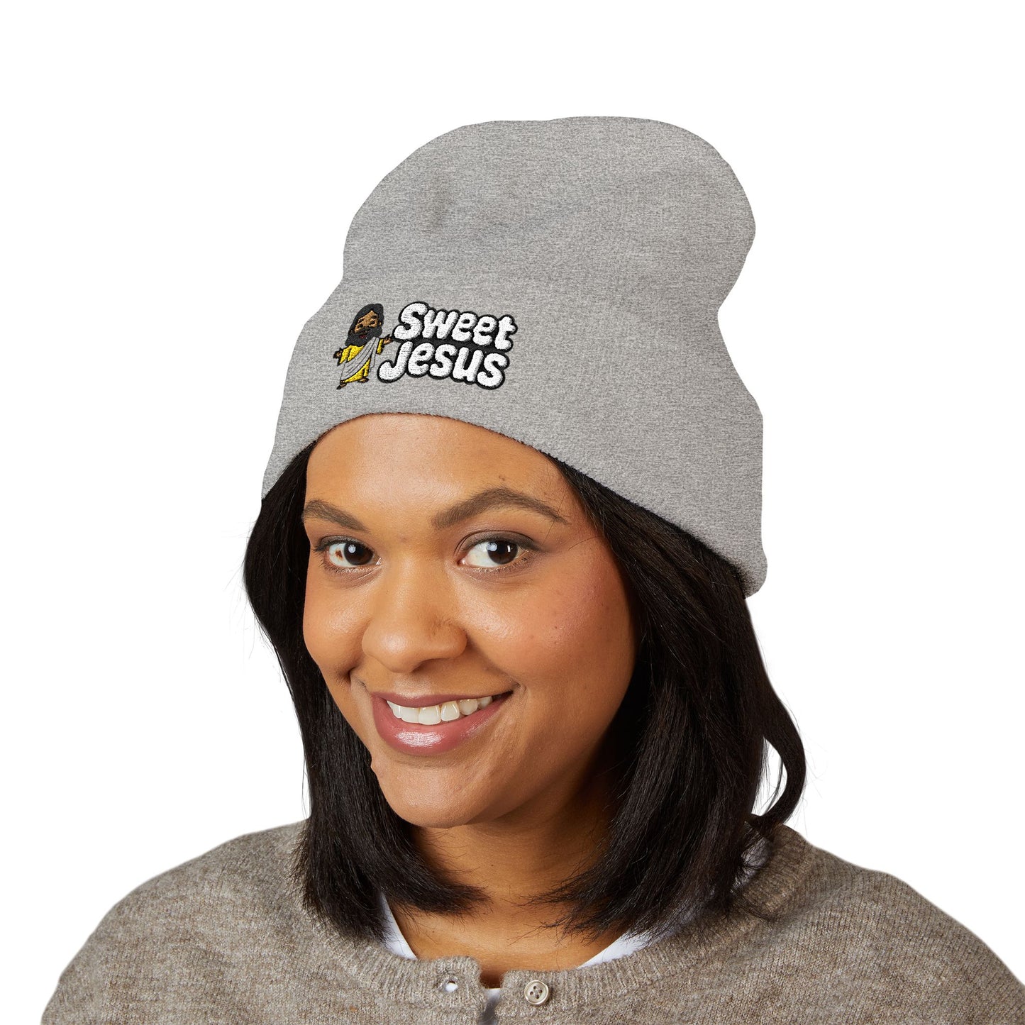 Sweet Jesus Embroidered Beanie — Religious Cuffed Knit Hat