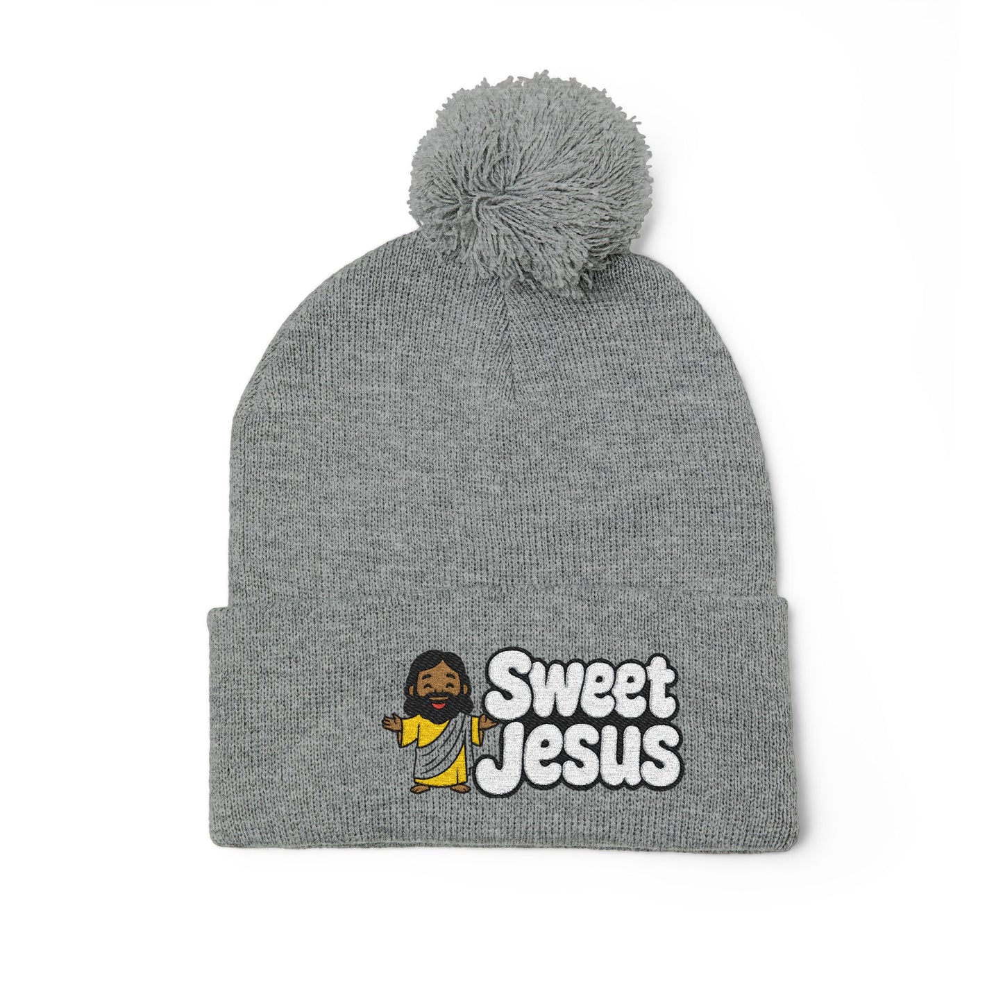 Sweet Jesus Pom-Pom Knit Cap — Embroidered Christian Beanie