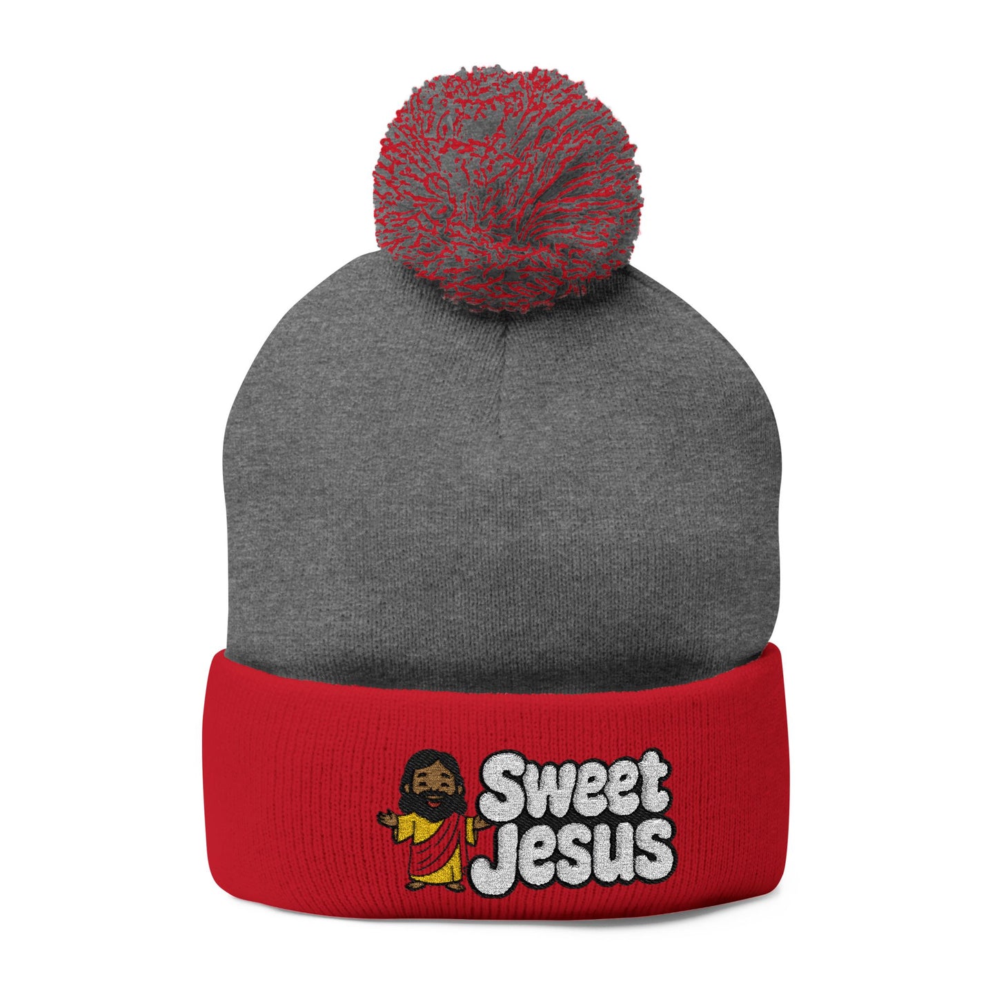 Sweet Jesus Pom-Pom Knit Cap — Embroidered Christian Beanie