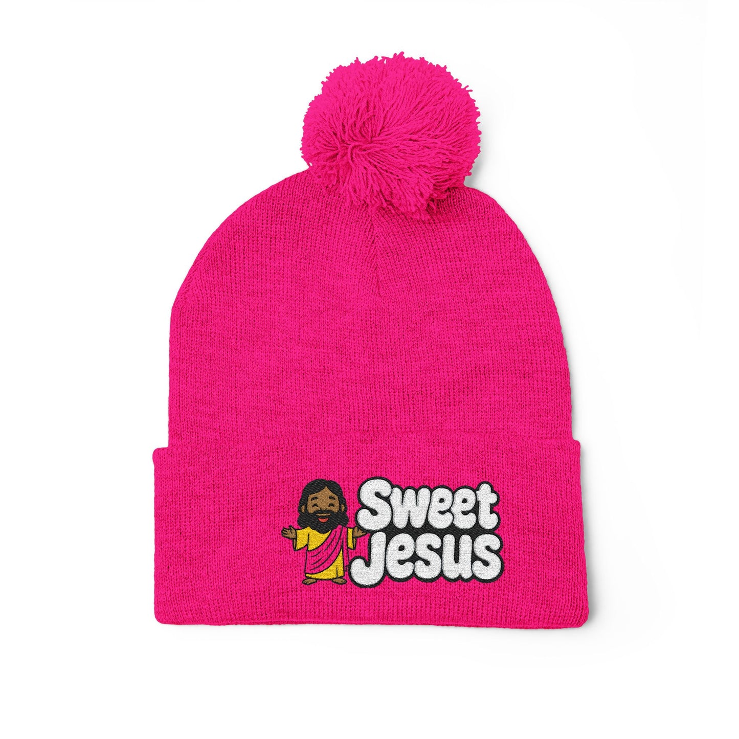 Sweet Jesus Pom-Pom Knit Cap — Embroidered Christian Beanie