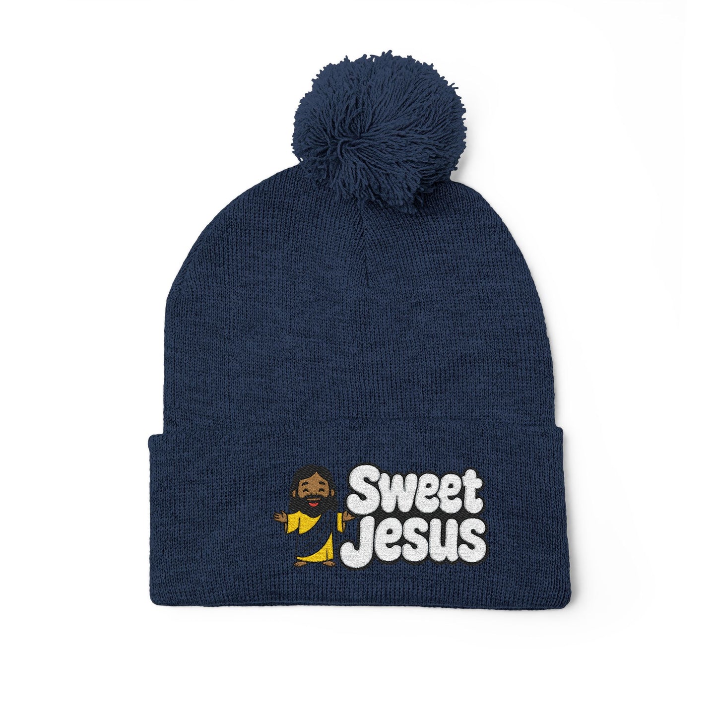 Sweet Jesus Pom-Pom Knit Cap — Embroidered Christian Beanie