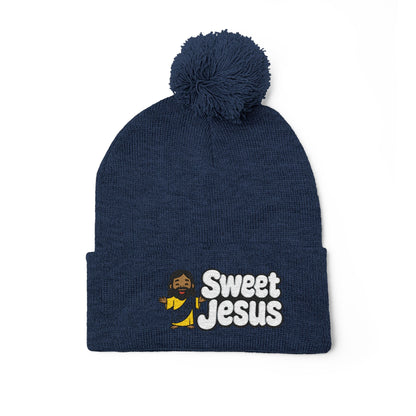 Sweet Jesus Pom-Pom Knit Cap — Embroidered Christian Beanie