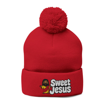 Sweet Jesus Pom-Pom Knit Cap — Embroidered Christian Beanie