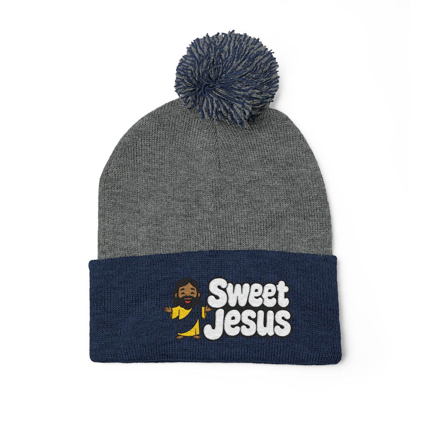 Sweet Jesus Pom-Pom Knit Cap — Embroidered Christian Beanie