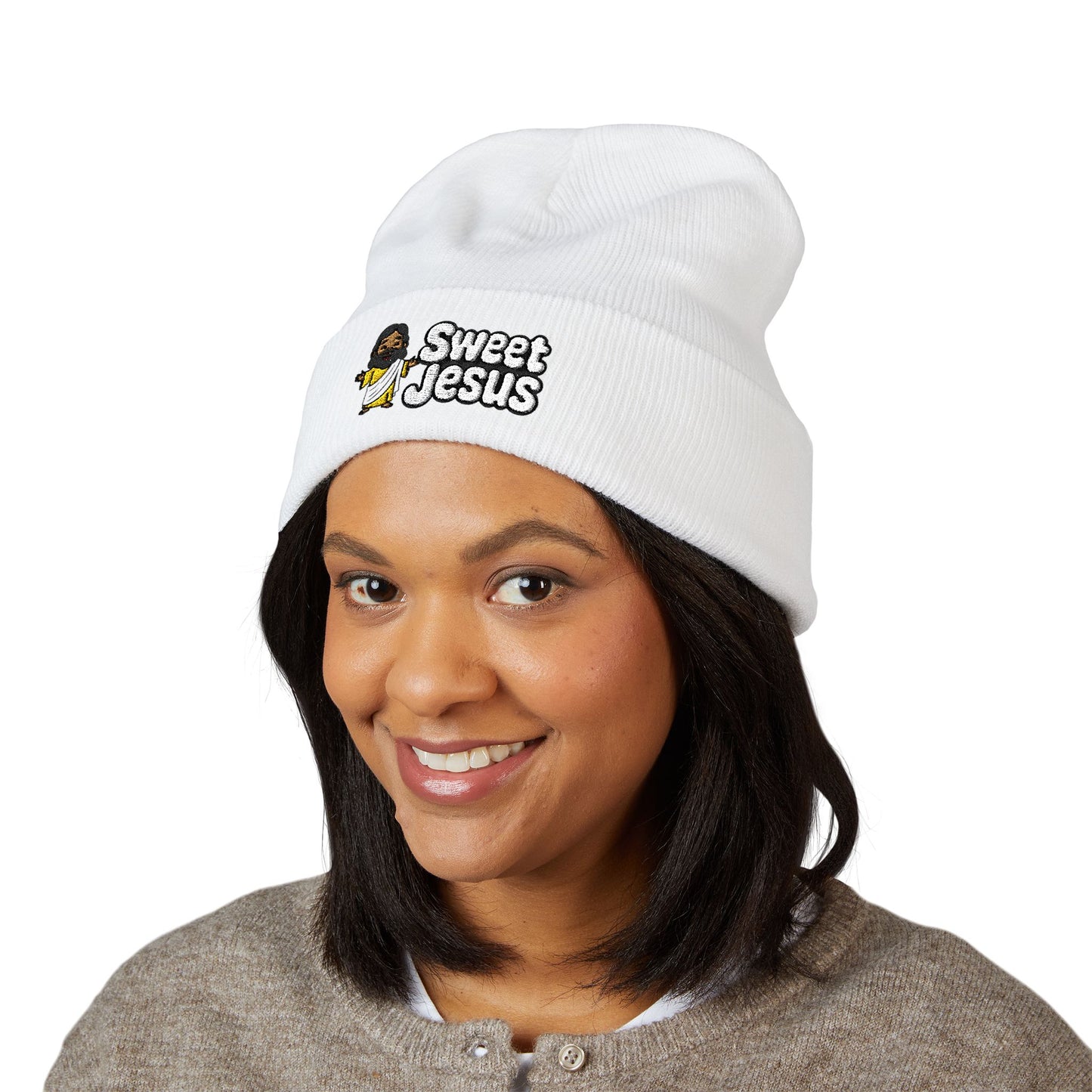 Sweet Jesus Embroidered Beanie — Religious Cuffed Knit Hat
