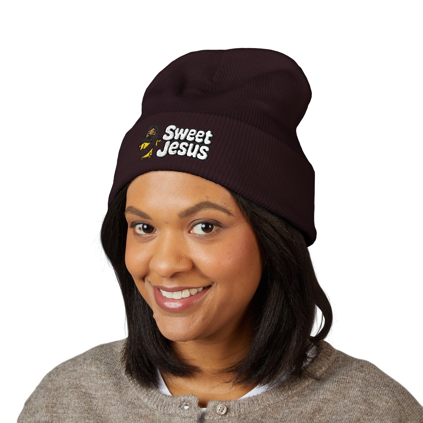 Sweet Jesus Embroidered Beanie — Religious Cuffed Knit Hat