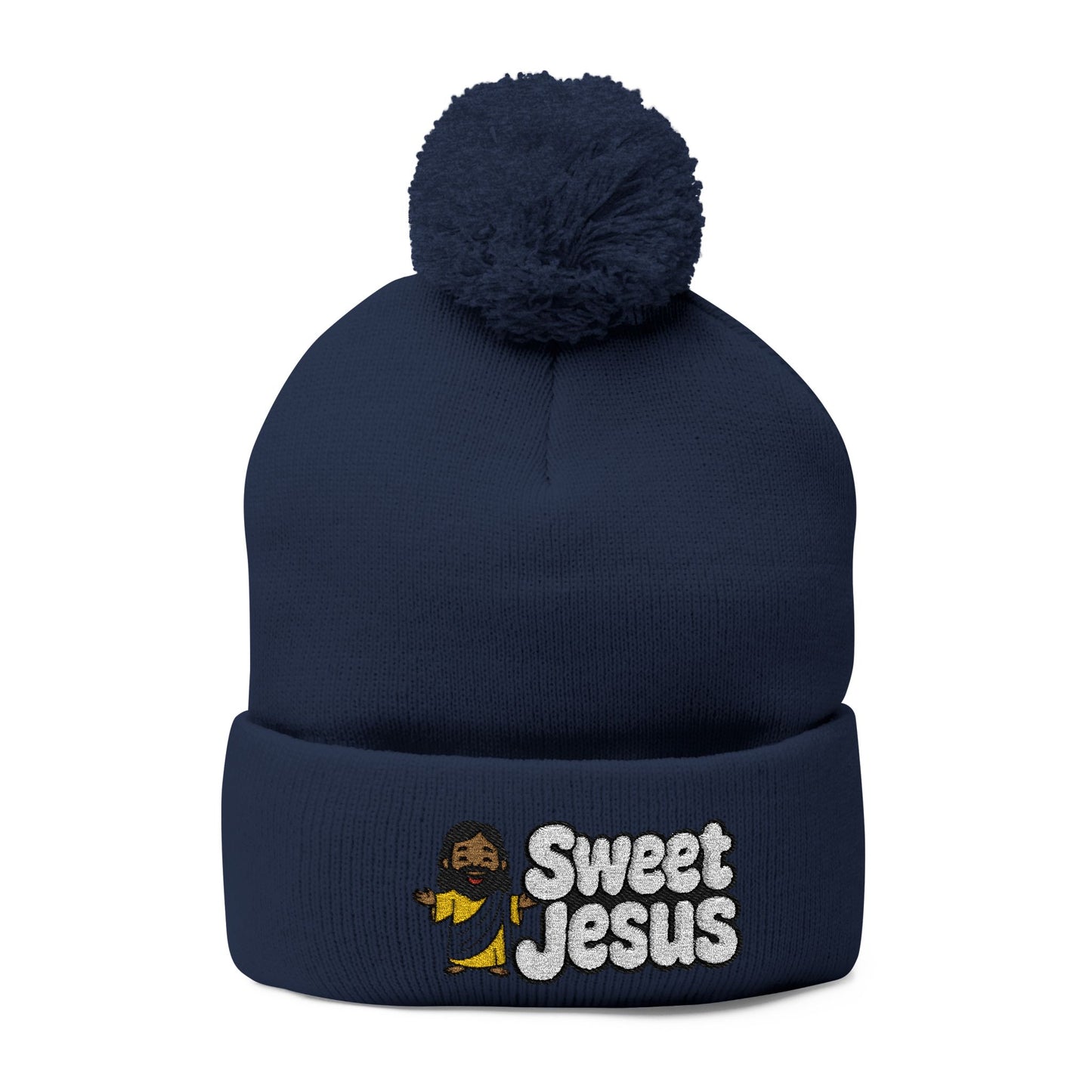 Sweet Jesus Pom-Pom Knit Cap — Embroidered Christian Beanie
