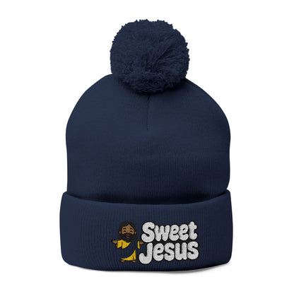 Sweet Jesus Pom-Pom Knit Cap — Embroidered Christian Beanie