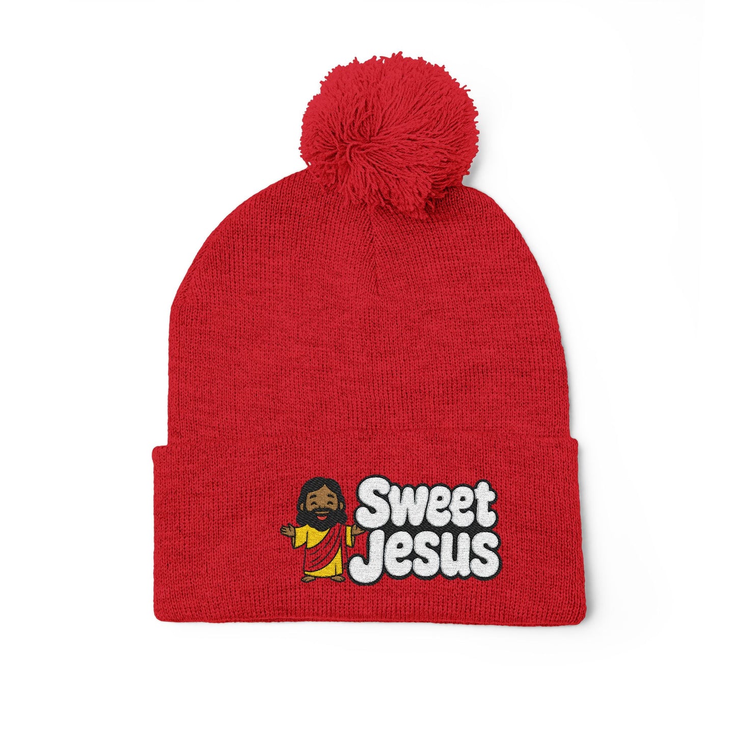 Sweet Jesus Pom-Pom Knit Cap — Embroidered Christian Beanie