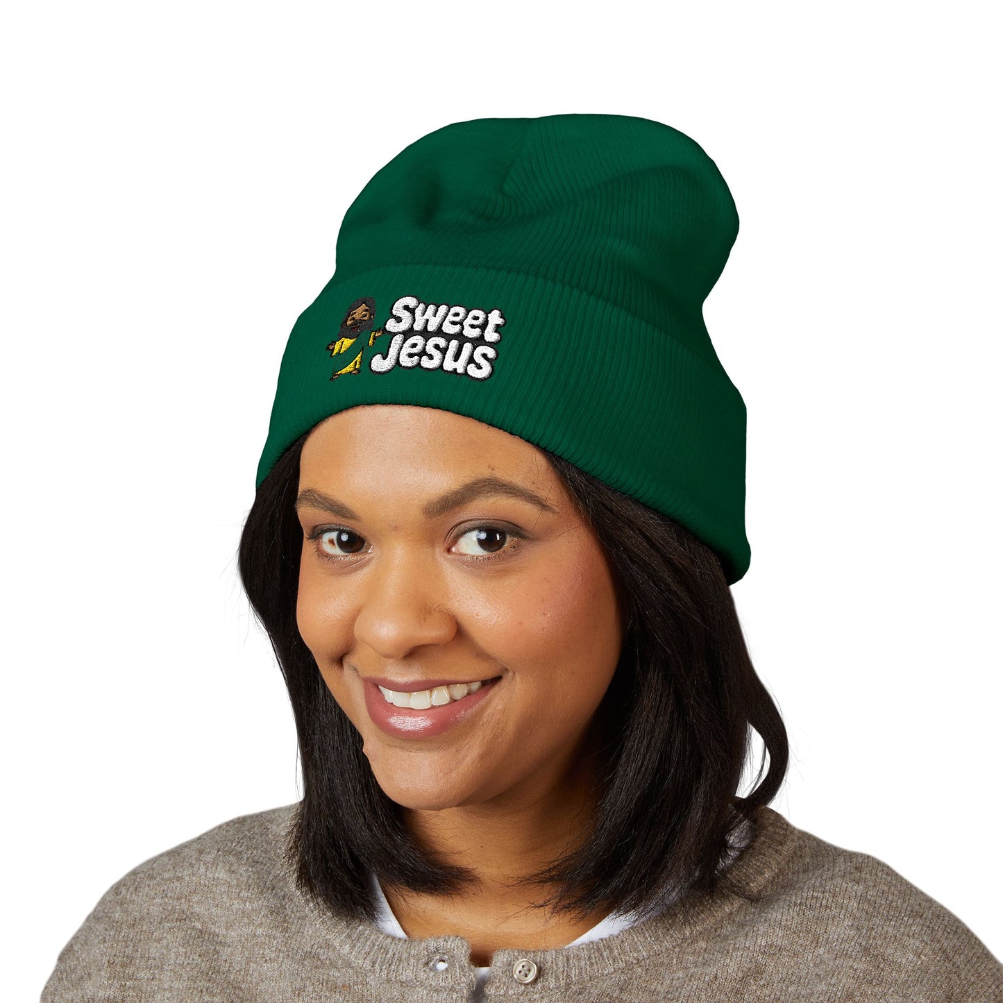 Sweet Jesus Embroidered Beanie — Religious Cuffed Knit Hat