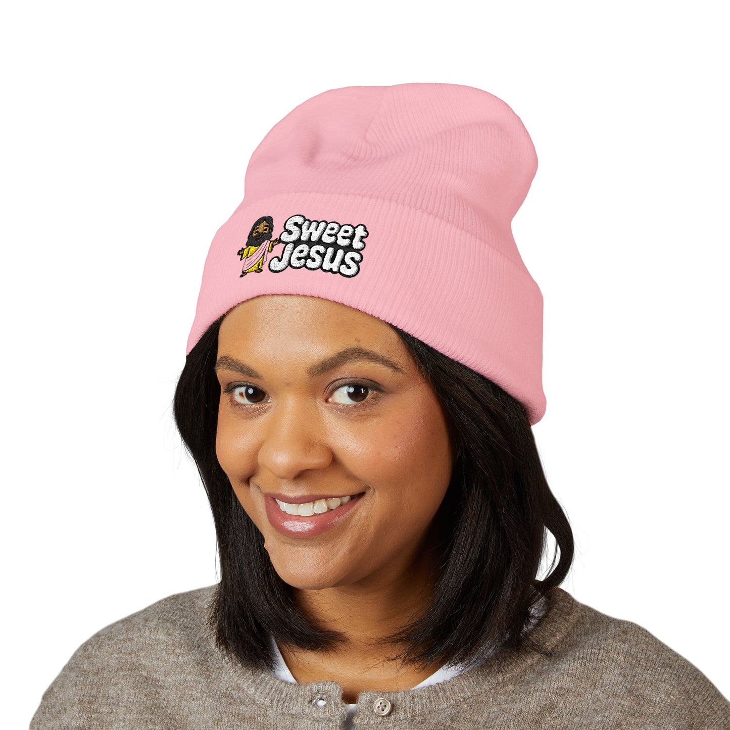 Sweet Jesus Embroidered Beanie — Religious Cuffed Knit Hat
