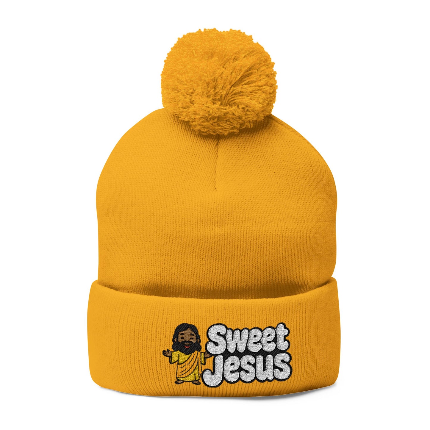 Sweet Jesus Pom-Pom Knit Cap — Embroidered Christian Beanie