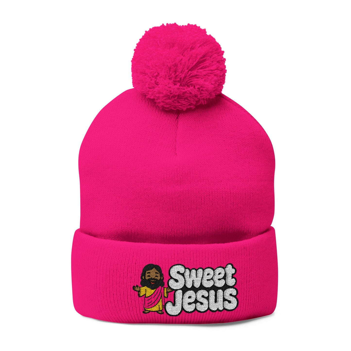 Sweet Jesus Pom-Pom Knit Cap — Embroidered Christian Beanie
