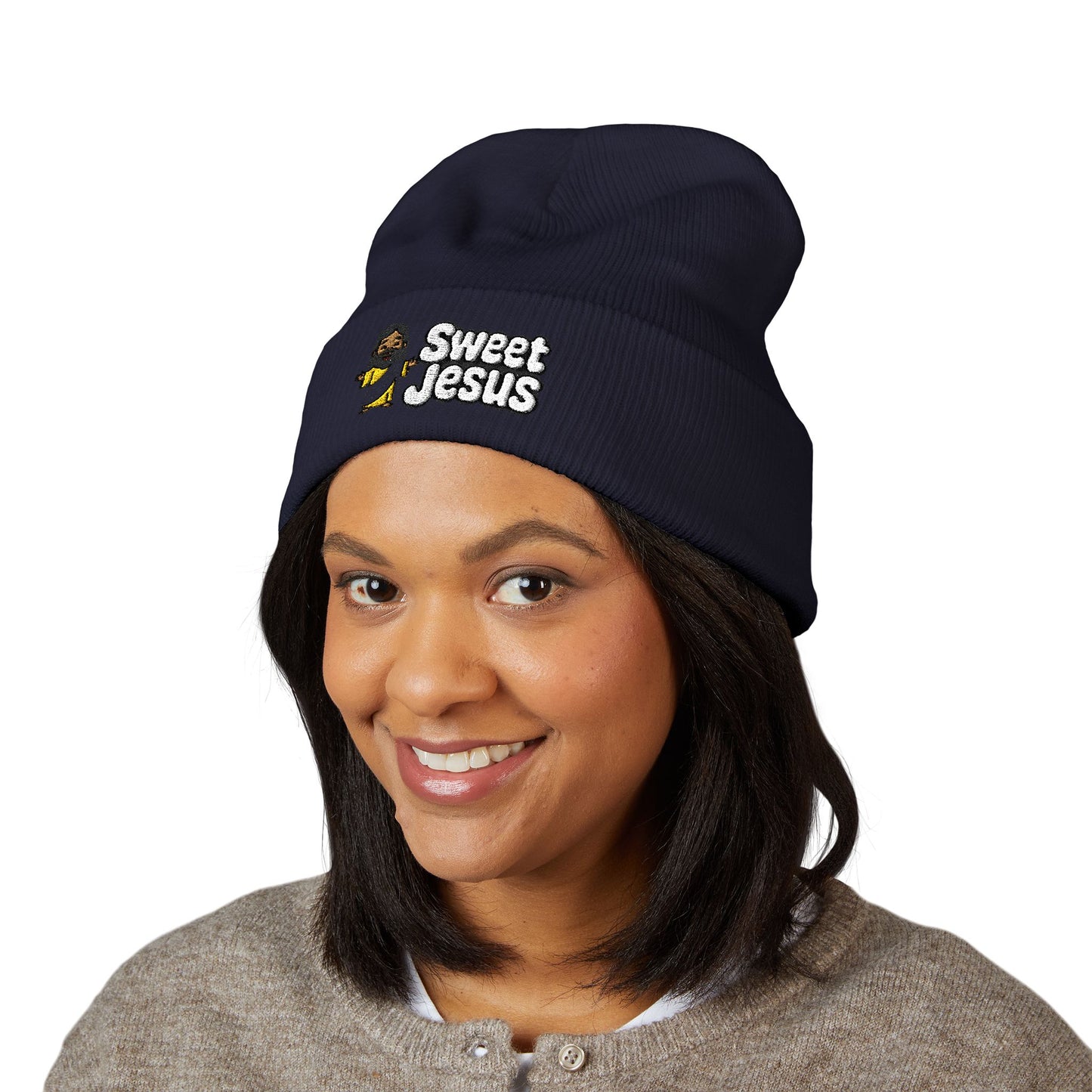 Sweet Jesus Embroidered Beanie — Religious Cuffed Knit Hat